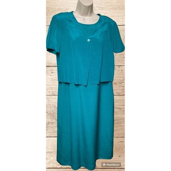Talbots‎ Silk Dress Jacket Set 12p Teal Blue Maxi Spring Light - Picture 1 of 16